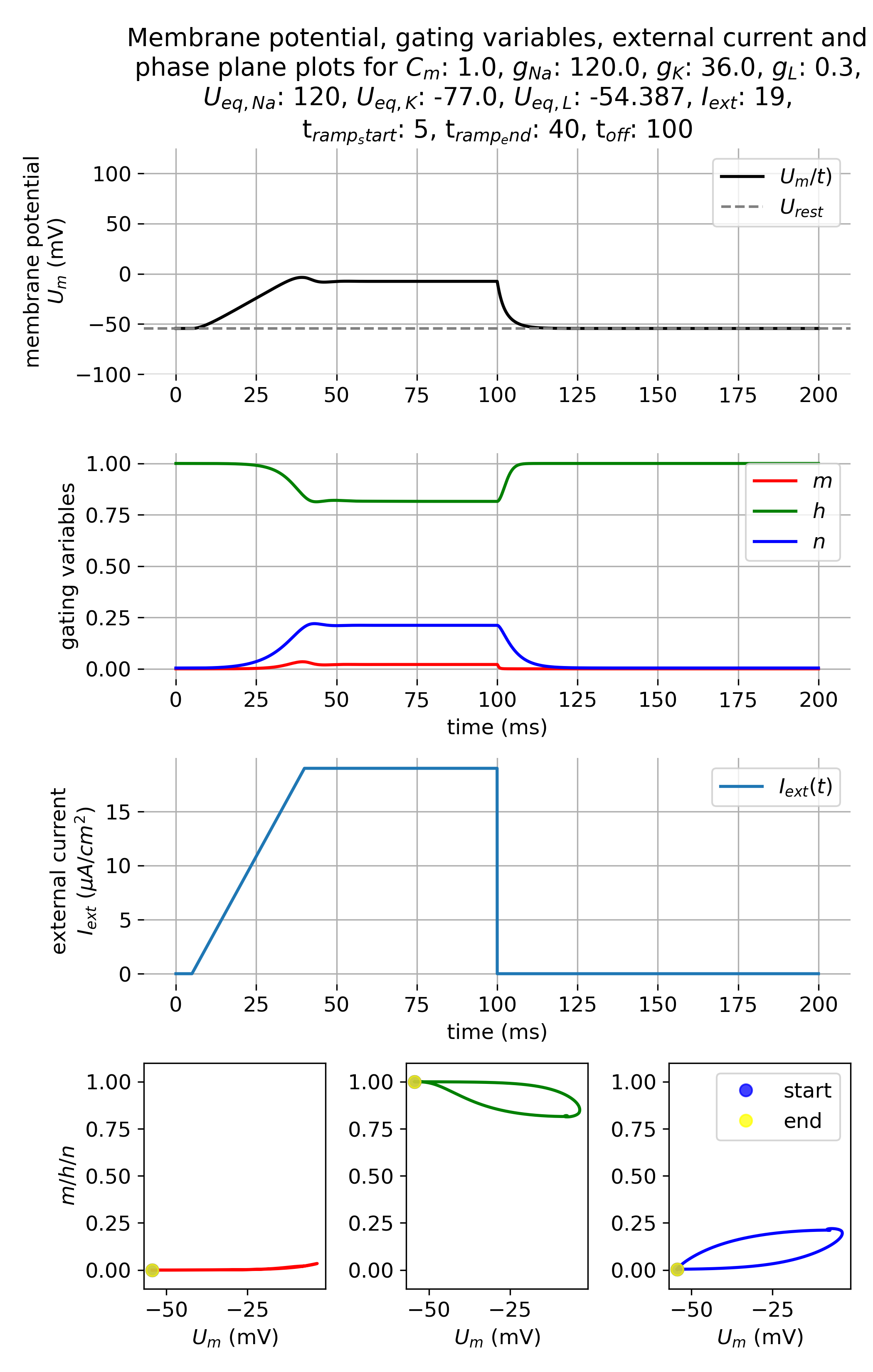 Membrane potential and gating variables during a ramped current injection.