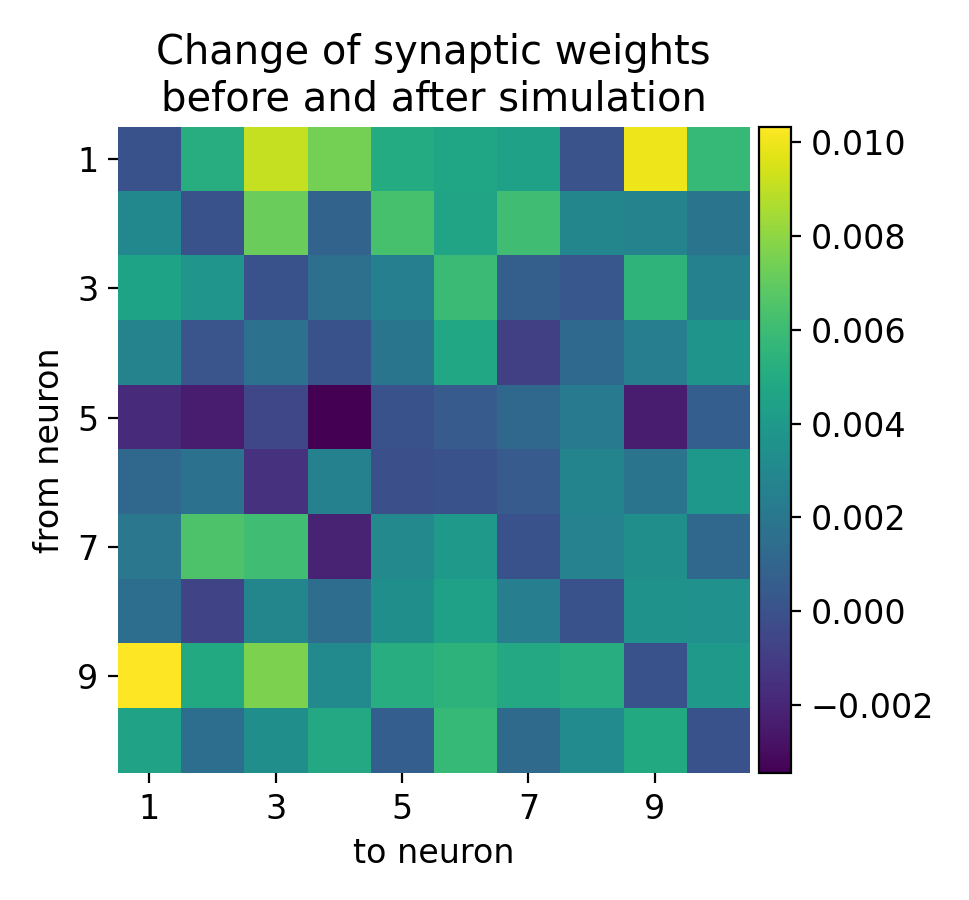 Synaptic weight changes in a large network with 10 excitatory and 3 inhibitory receiving inputs from 500 Poisson generators.