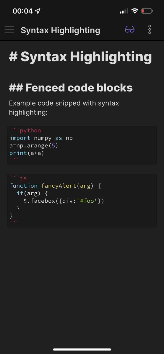 The Markdown editor Obsidian (mobile app): Syntax highlighting in edit mode.