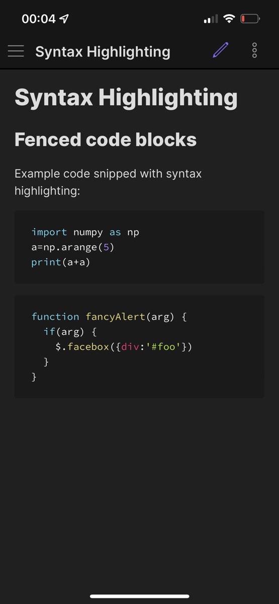 The Markdown editor Obsidian (mobile app): Syntax highlighting in preview mode.