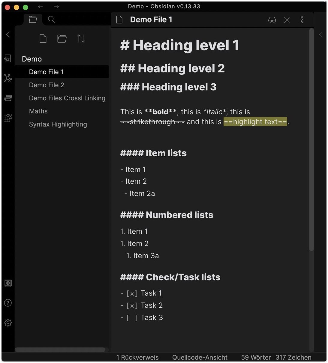 The Markdown editor Obsidian (desktop app): Text with basic Markdown formatting commands in edit mode  in the desktop app.