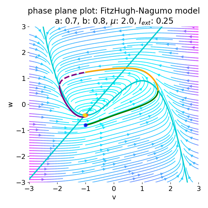 Phase plane plot of the FitzHugh-Nagumo model.